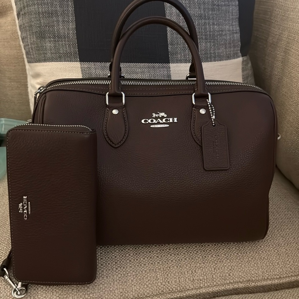 Coach Brown and Silver Leather LARGE Rowan Satchel with Structured Design